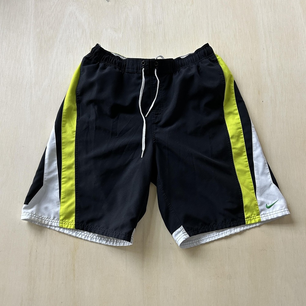 Nike Swim Shorts Mens Large Black Colorblock Mesh Lined Drawstring Trunks Beach
